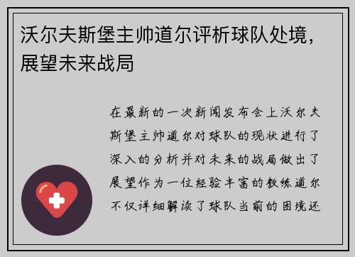 沃尔夫斯堡主帅道尔评析球队处境，展望未来战局