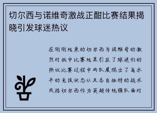 切尔西与诺维奇激战正酣比赛结果揭晓引发球迷热议