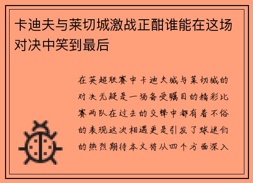卡迪夫与莱切城激战正酣谁能在这场对决中笑到最后
