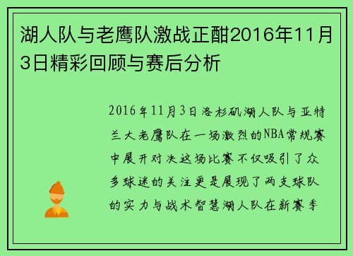 湖人队与老鹰队激战正酣2016年11月3日精彩回顾与赛后分析