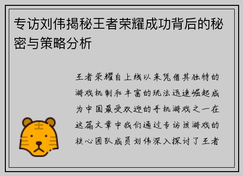 专访刘伟揭秘王者荣耀成功背后的秘密与策略分析